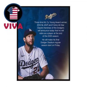 Clayton Kershaw Retired 2025 Los Angeles Dodgers MLB Home Decor Poster Canvas