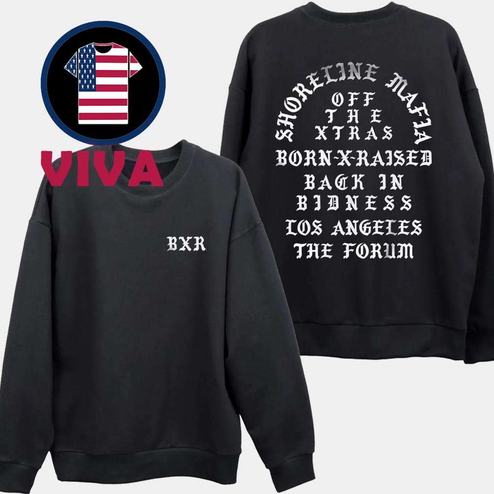 Born x Raise x Shoreline Mafia Back In Bidness Los Angles The Forum Memorial Two Sided Crewneck Long Sleeve Born x Raise x Shoreline Mafia Back In Bidness Los Angles The Forum Memorial Two Sided Crewneck Long Sleeve