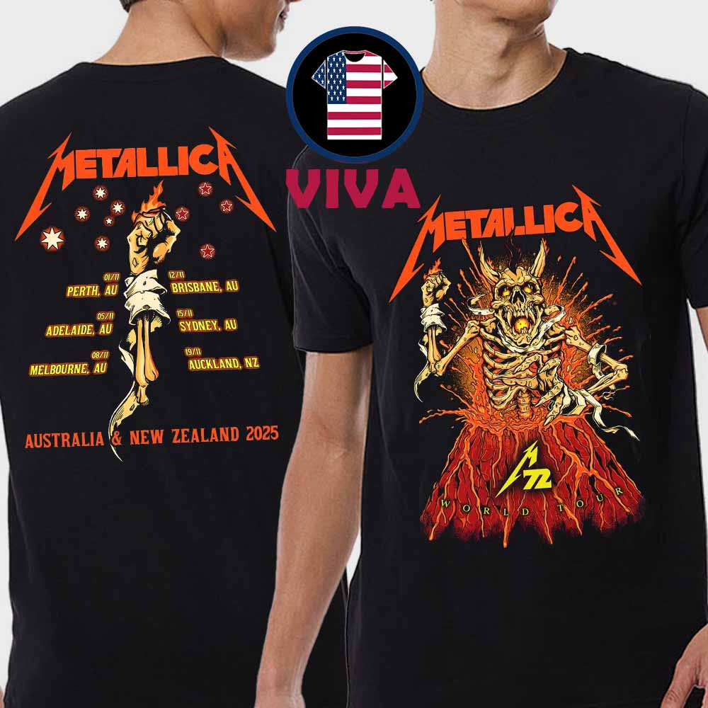 Metallica Australia New Zealand 2025 M72 Tour Dates Two Sided T-Shirt Metallica Australia New Zealand 2025 M72 Tour Dates Two Sided T-Shirt